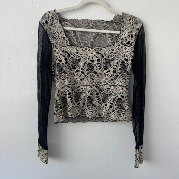 Vintage Kay Celine Black and Cream Mesh Long Sleeved Blouse - Picture 1 of 8
